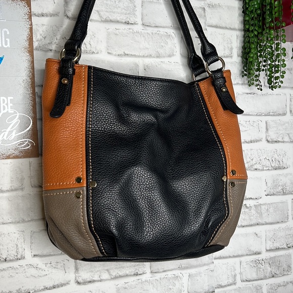 Clarks Tri Colored Vegan Faux Leather Large Shoulder Bag Purse Tote Black Brown - Picture 4 of 8